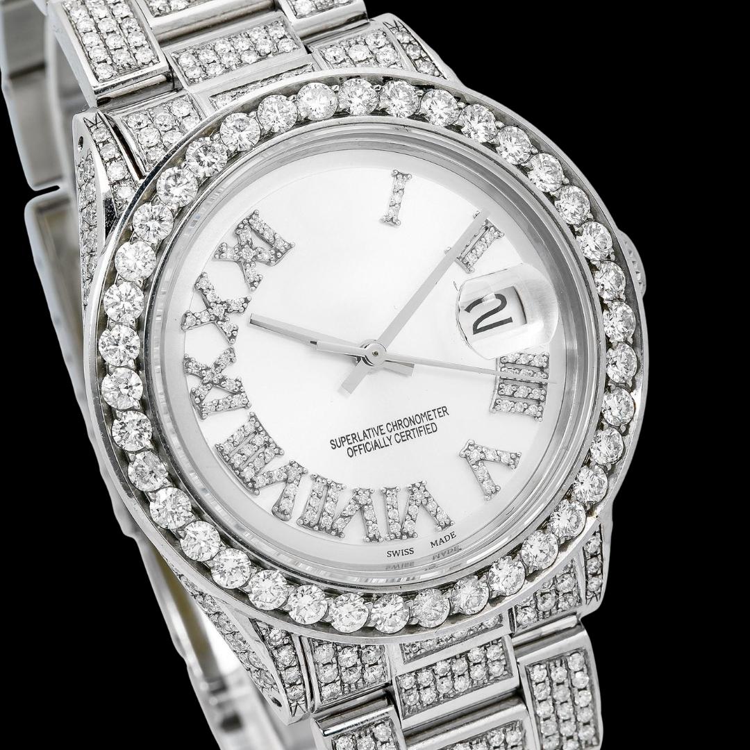 Rolex Datejust White Dial Diamond Roman Numerals Full Iced Out Oyster Bracelet Moissanite Watch Close Up Dial View