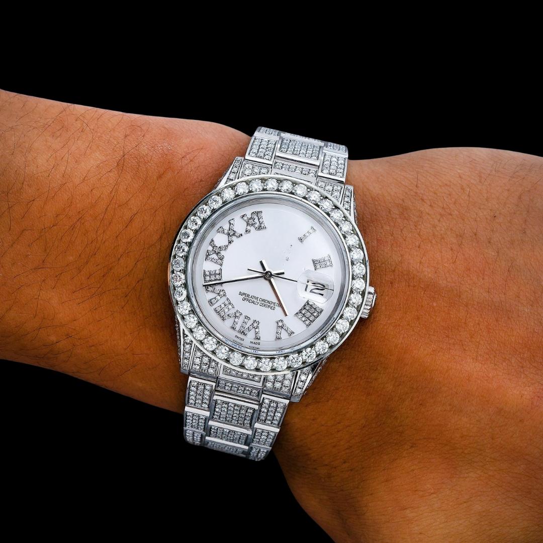 Rolex Datejust White Dial Diamond Roman Numerals Full Iced Out Oyster Bracelet Moissanite Watch On Wrist View