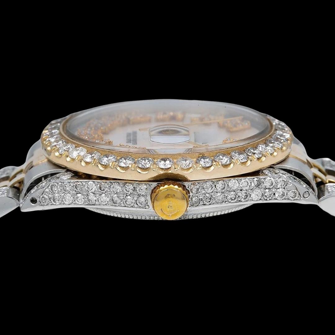 Rolex Datejust White Dial Diamond Roman Numerals Yellow Gold Jubilee Bracelet Fully Iced Moissanite Watch Crown View
