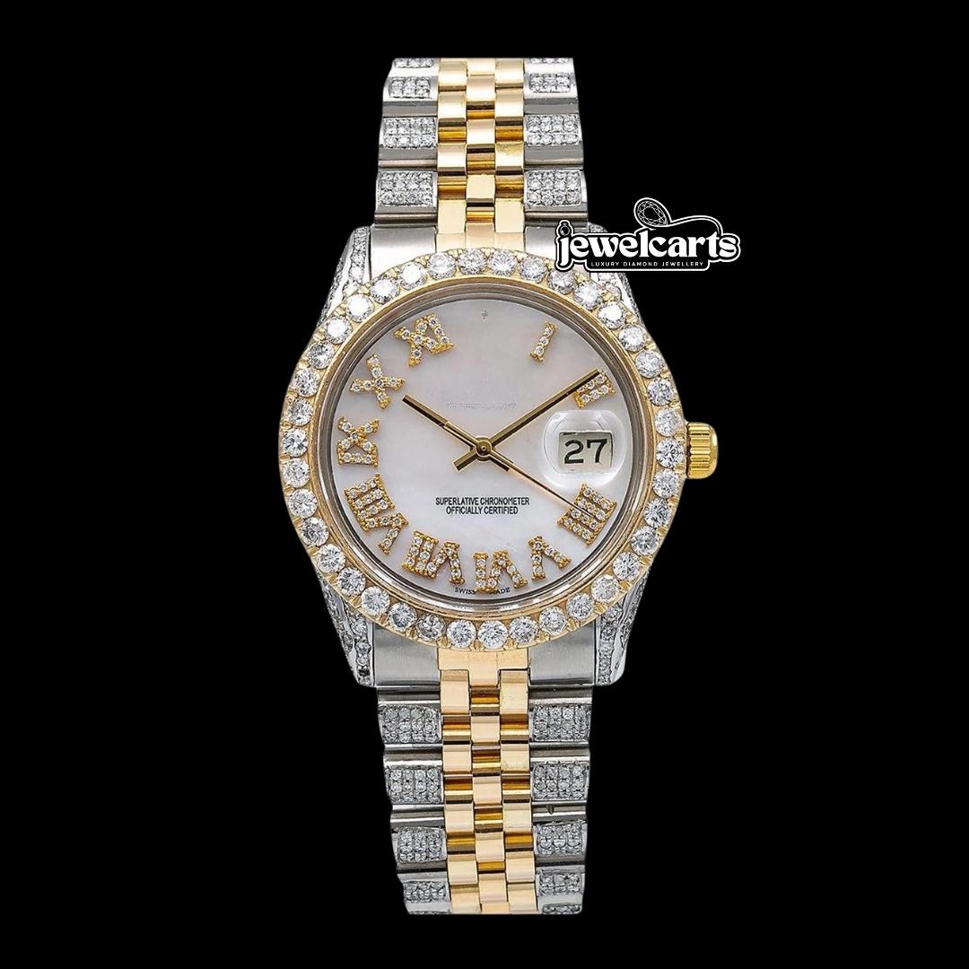 Rolex Datejust White Dial Diamond Roman Numerals Yellow Gold Jubilee Bracelet Fully Iced Moissanite Watch Front View