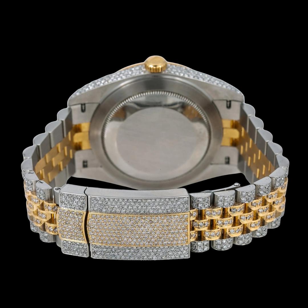 Rolex Datejust White Pearl Dial Roman Diamond Numerals Fluted Bezel Two Tone Yellow Gold Jubilee Watch Caseback View