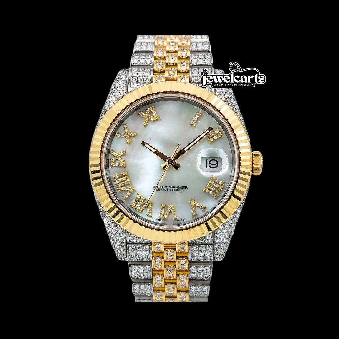 Rolex Datejust White Pearl Dial Roman Diamond Numerals Fluted Bezel Two Tone Yellow Gold Jubilee Watch Front View