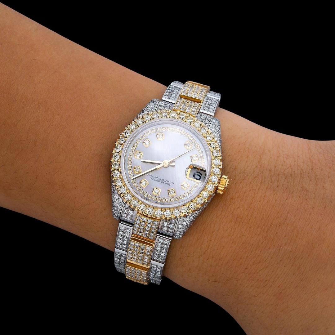 Rolex Datejust White Pearl Diamond Dial Two Tone Oyster Strap Yellow Gold Iced Out Moissanite Watch On Wrist View
