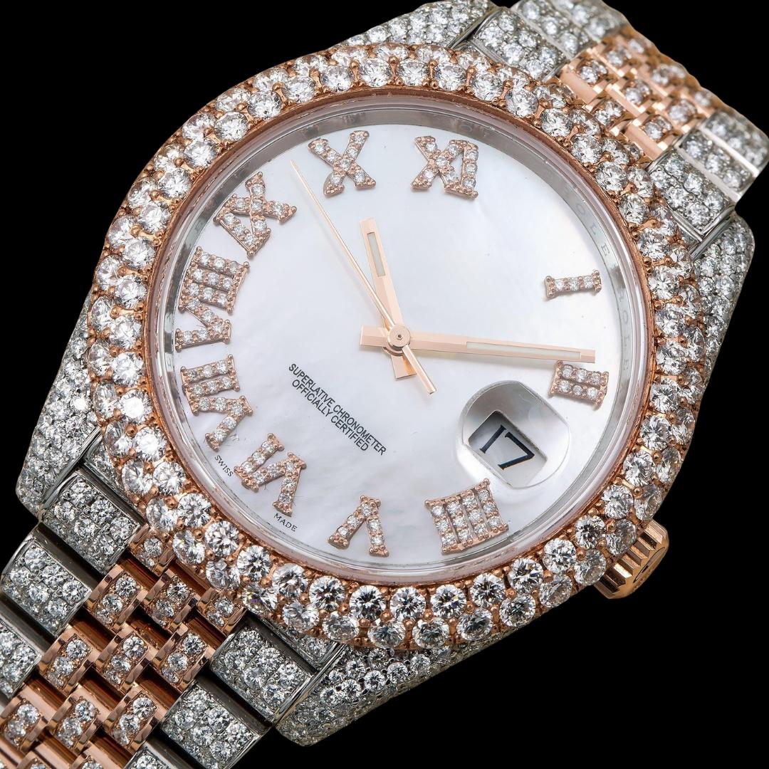 Rolex Datejust White Pearl Roman Diamond Dial Two Tone Rose Gold Jubilee Bracelet Iced Out Moissanite Diamond Watch Close Up Front View