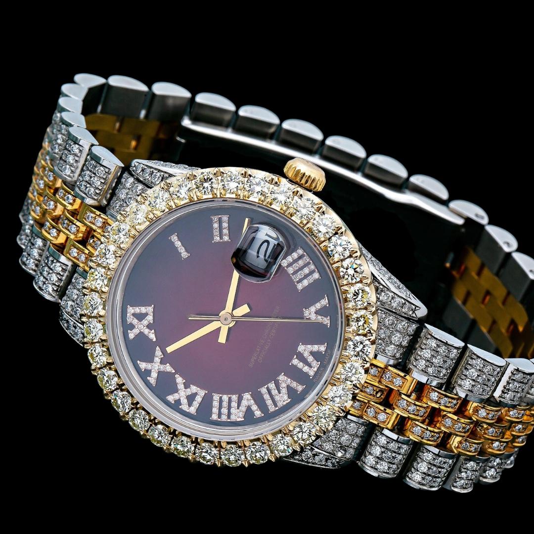 Rolex Datejust Wine Red Roman Dial Two Tone Rose Gold Jubilee Bracelet Moissanite Watch Close Up Front View