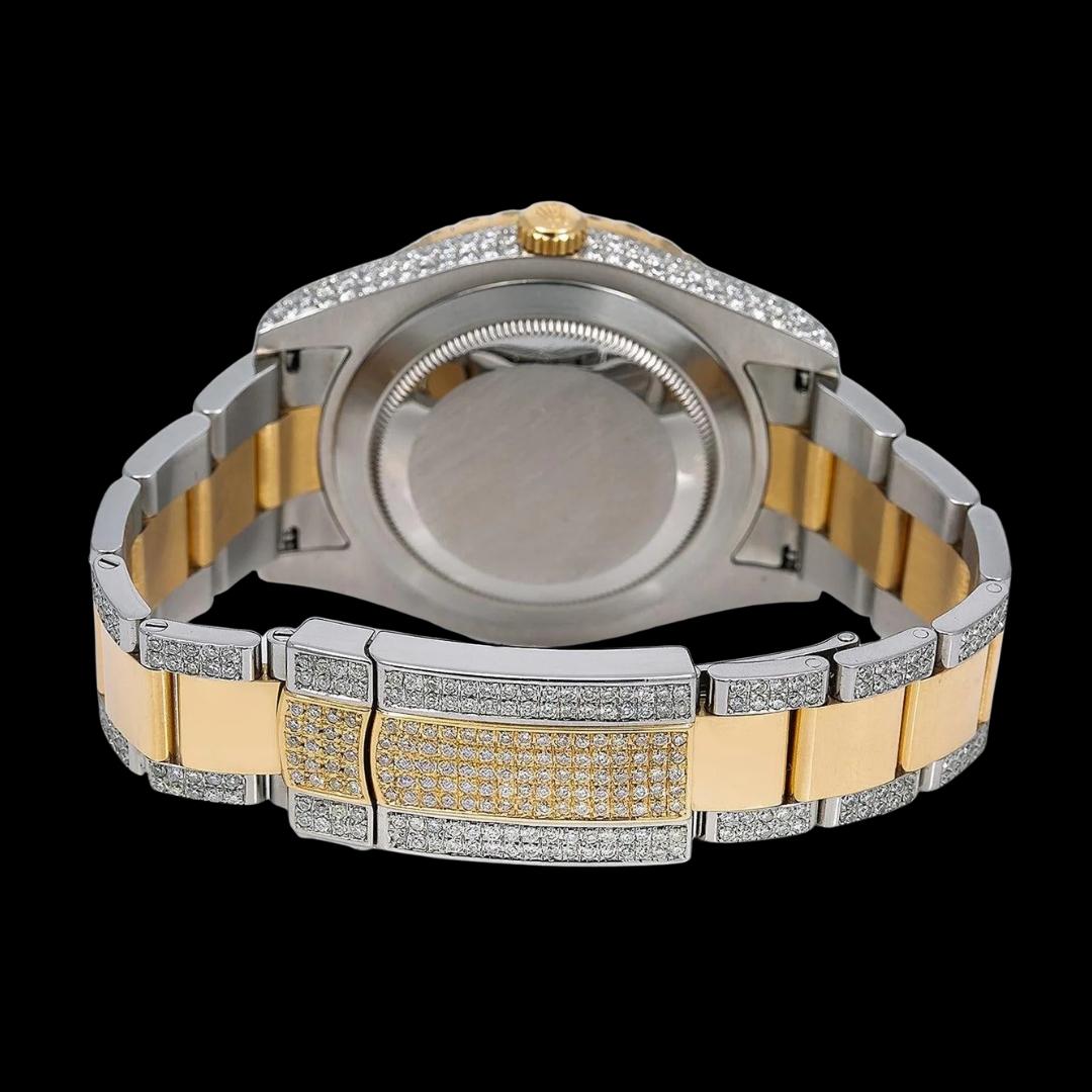 Rolex Datejust Yellow Gold Diamond Paved Dial Baguette Markers Two Tone Iced Out Moissanite Watch Caseback View