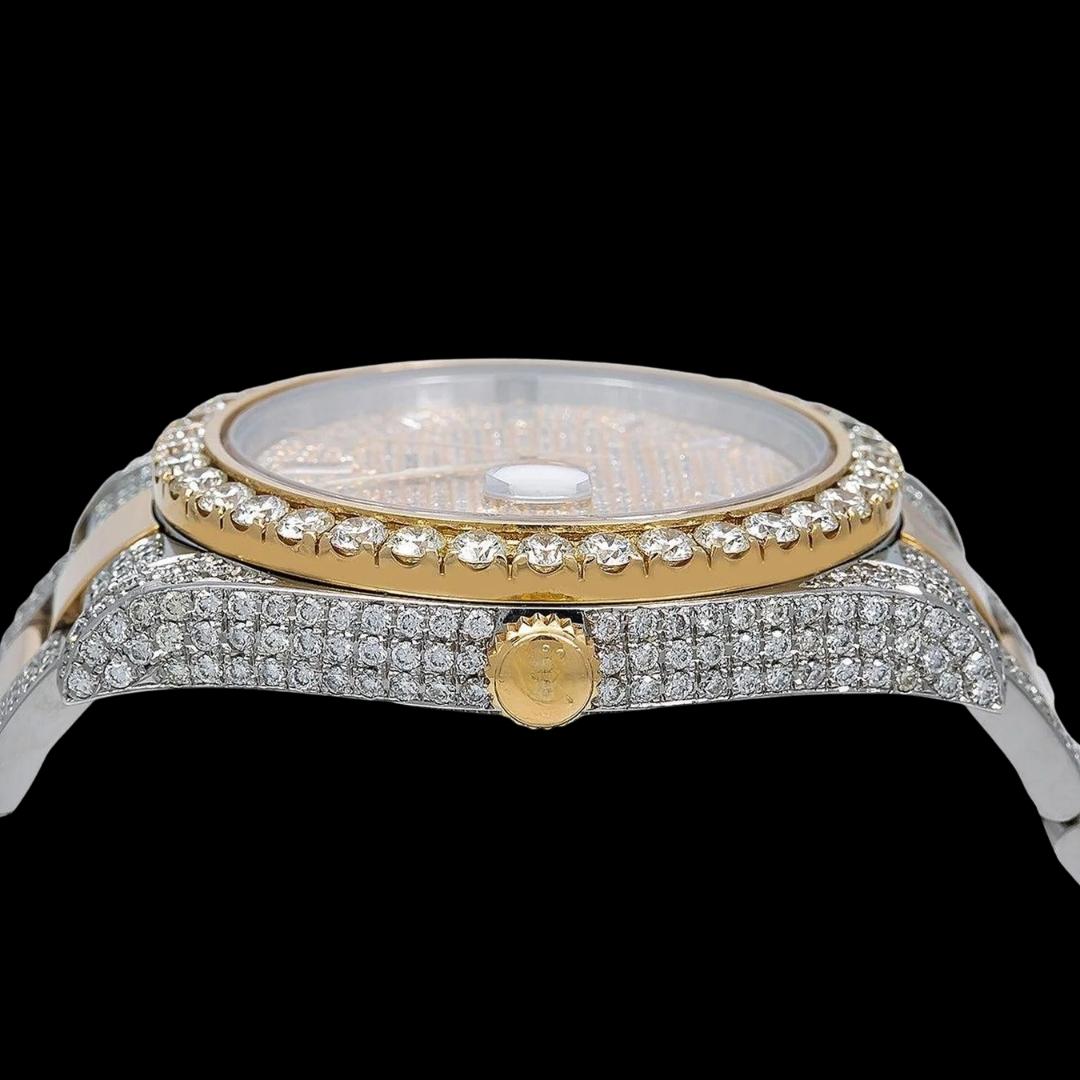 Rolex Datejust Yellow Gold Diamond Paved Dial Baguette Markers Two Tone Iced Out Moissanite Watch Crown View