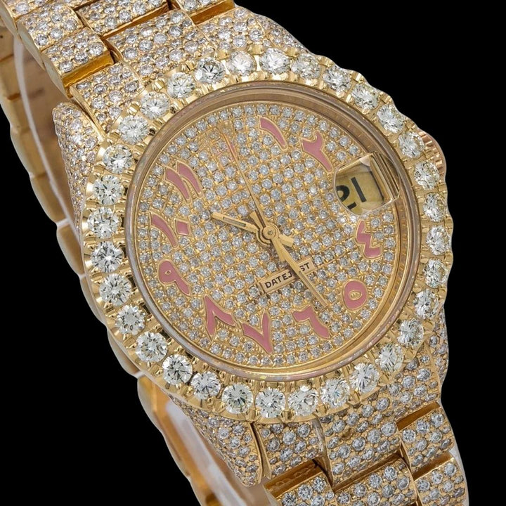 Rolex Datejust Yellow Gold Diamond Paved Dial Pink Arabic Numerals Fully Iced Out President Bracelet Moissanite Watch Close Up Dial View