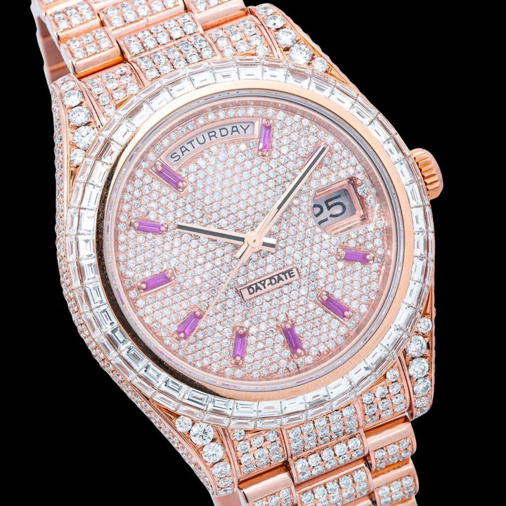 Rolex Day-Date Baguette Markers Dial Baguette Bezel Iced Out Rose Gold President Bracelet Moissanite Watch Close Up Dial View