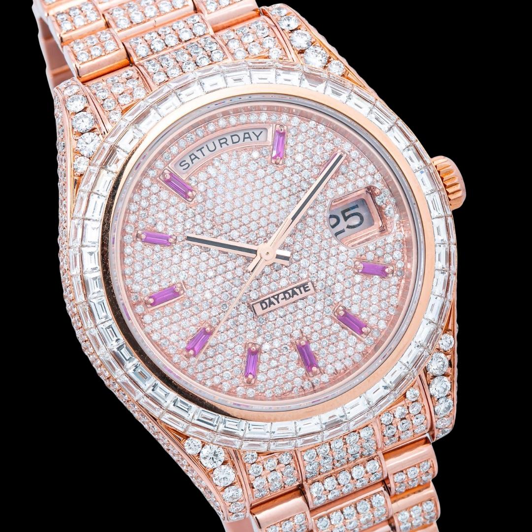 Rolex Day-Date Baguette Markers Dial Baguette Bezel Iced Out Rose Gold President Bracelet Moissanite Watch Close Up Dial View