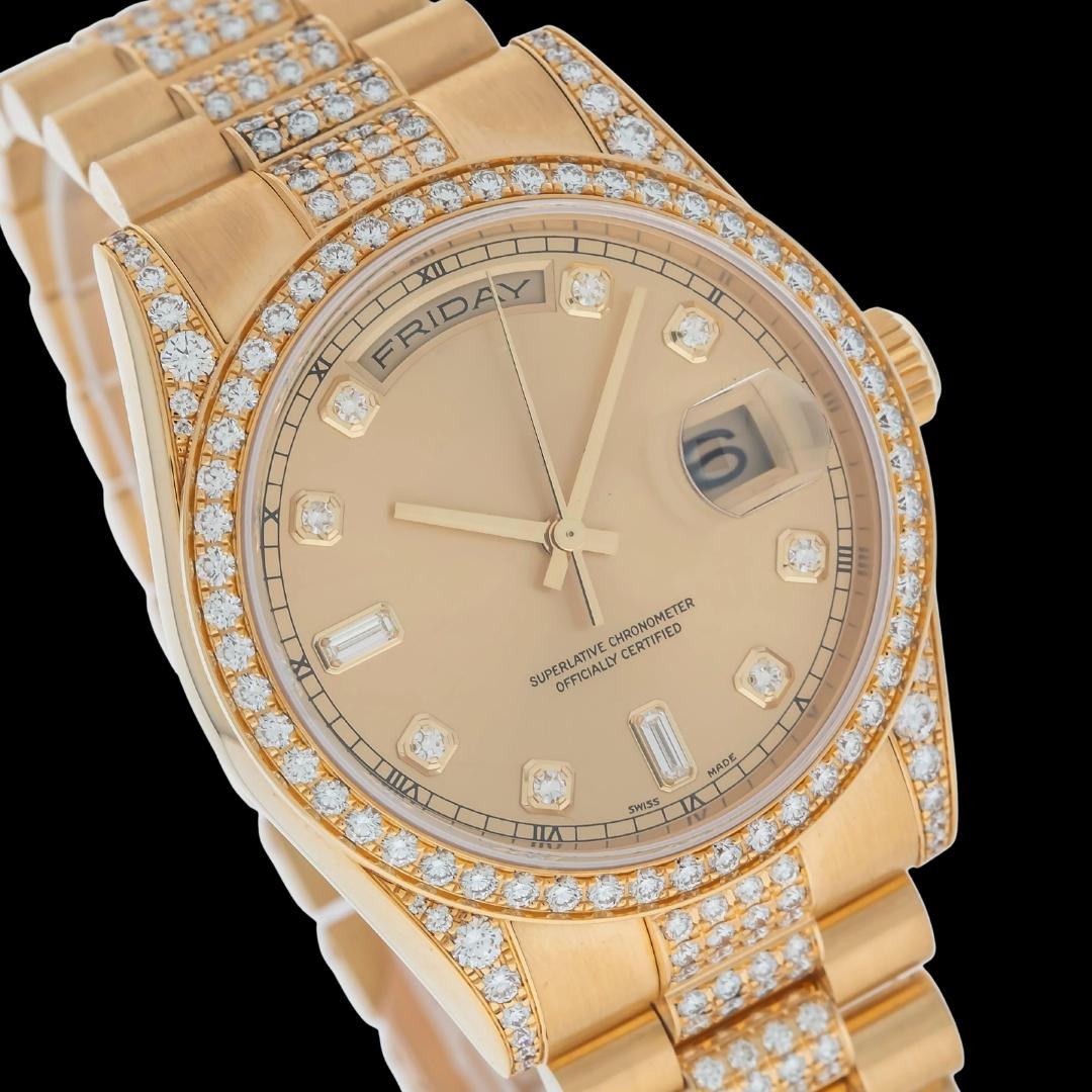 Rolex Day-Date Champagne Dial Diamond Markers Semi Iced President Bracelet Yellow Gold Moissanite Watch Close Up Dial View