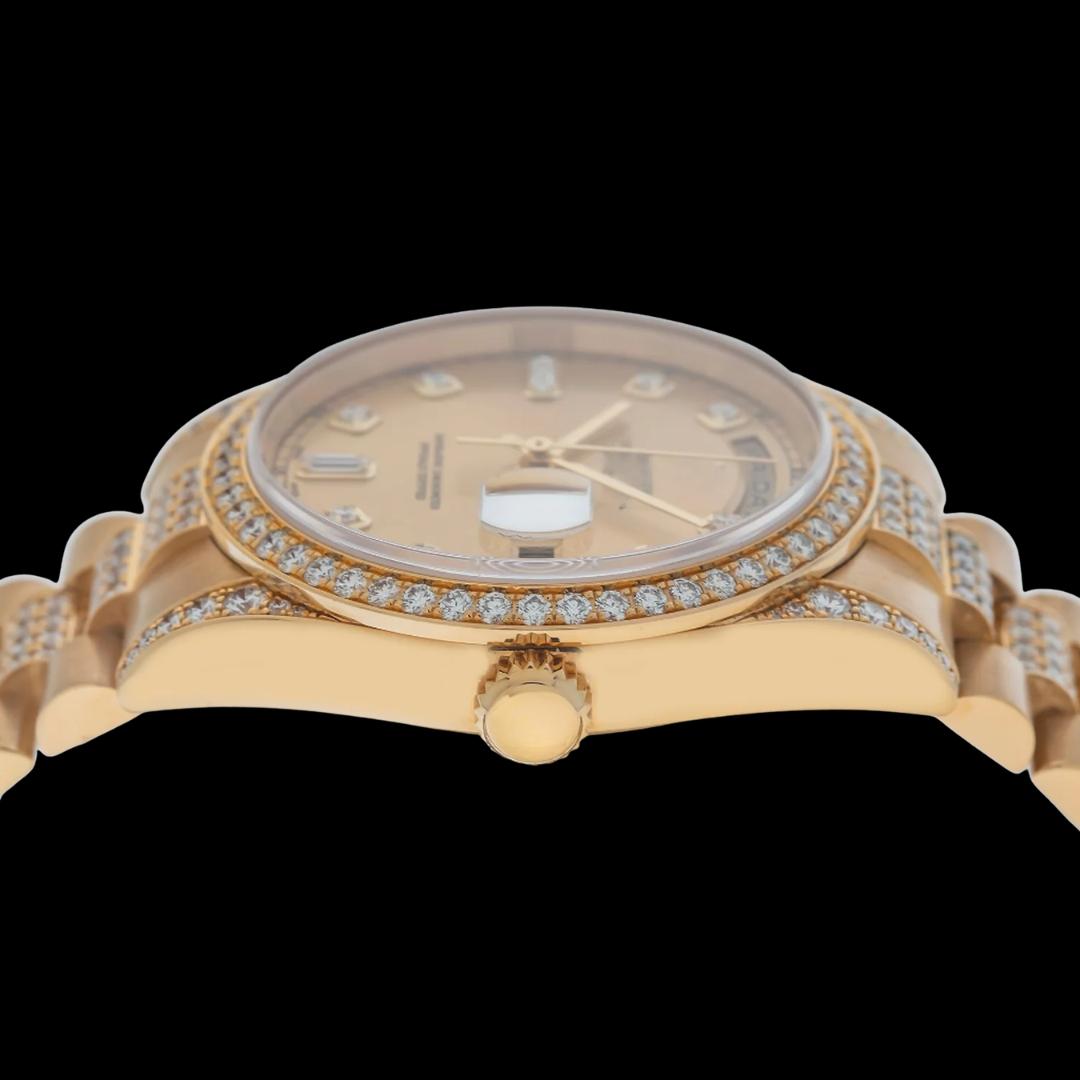 Rolex Day-Date Champagne Dial Diamond Markers Semi Iced President Bracelet Yellow Gold Moissanite Watch Crown View