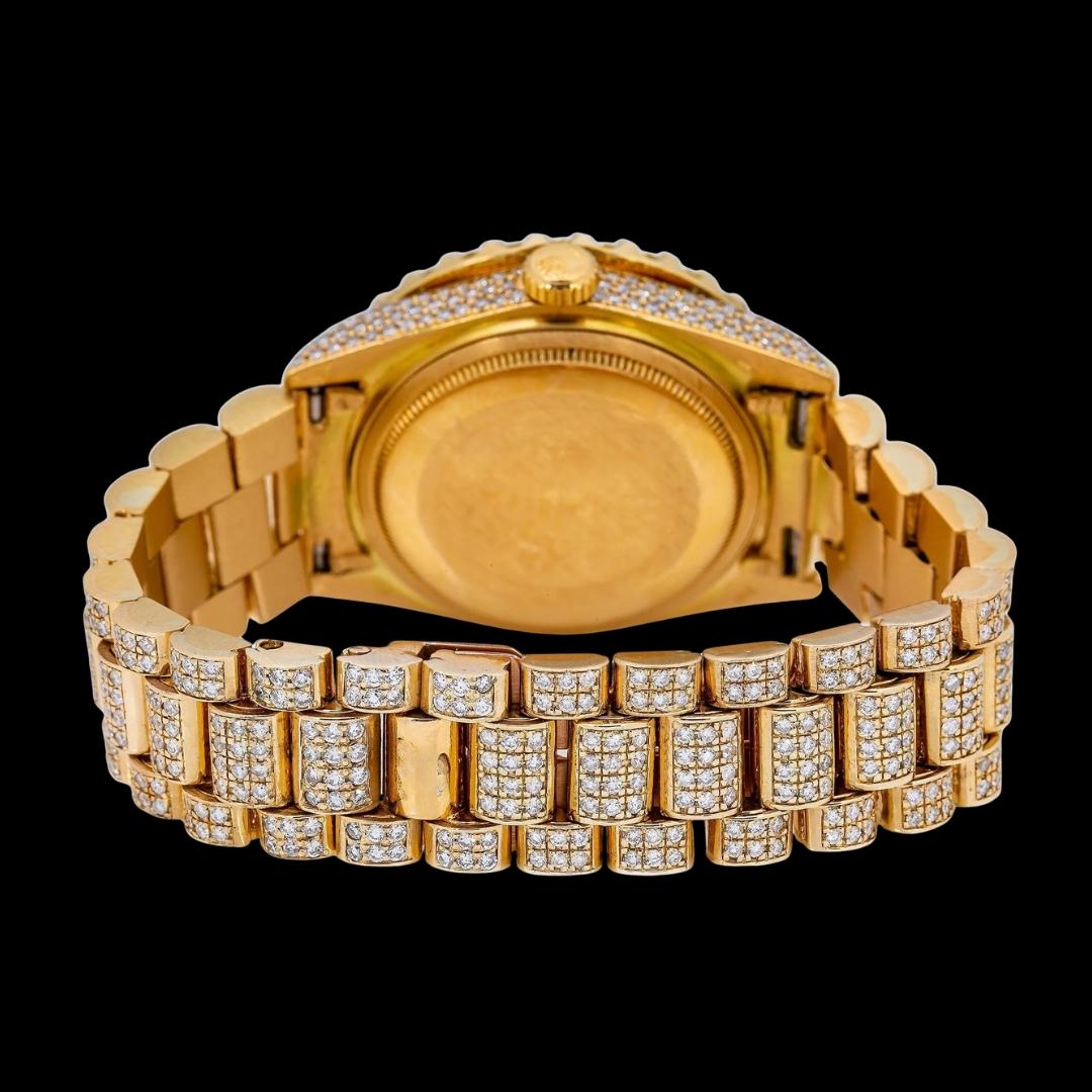 Rolex Day-Date Champagne Roman Diamond Dial Fully Iced Out President Bracelet Moissanite Watch Caseback View