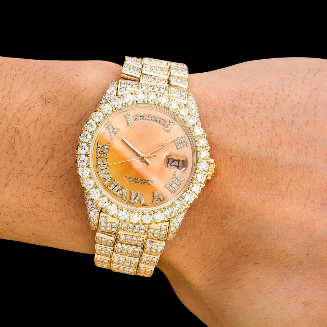 Rolex Day-Date Champagne Roman Diamond Dial Fully Iced Out President Bracelet Moissanite Watch On Wrist View