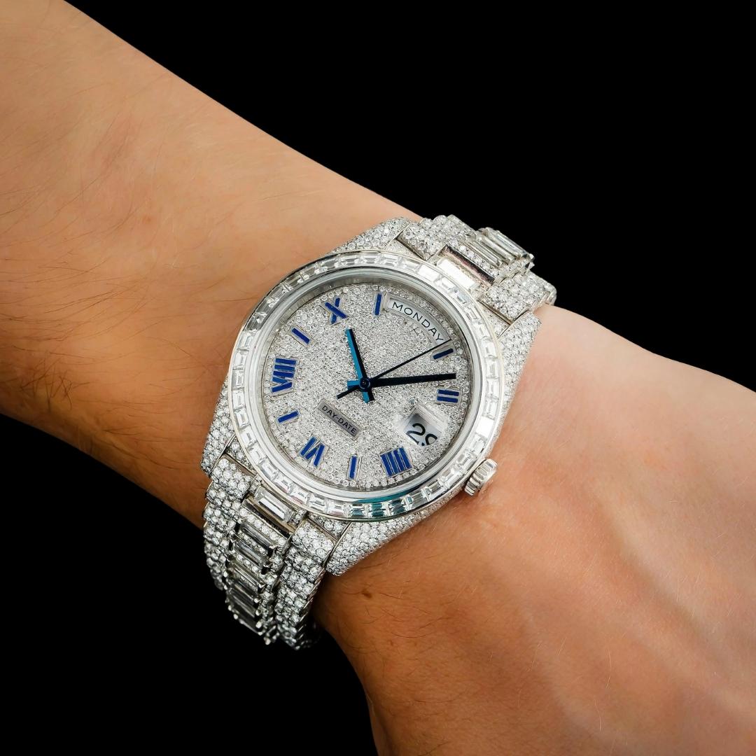 Rolex Day-Date Diamond Paved Dial Roman Numerals Baguette President Bracelet Iced Out Moissanite Watch On Wrist View