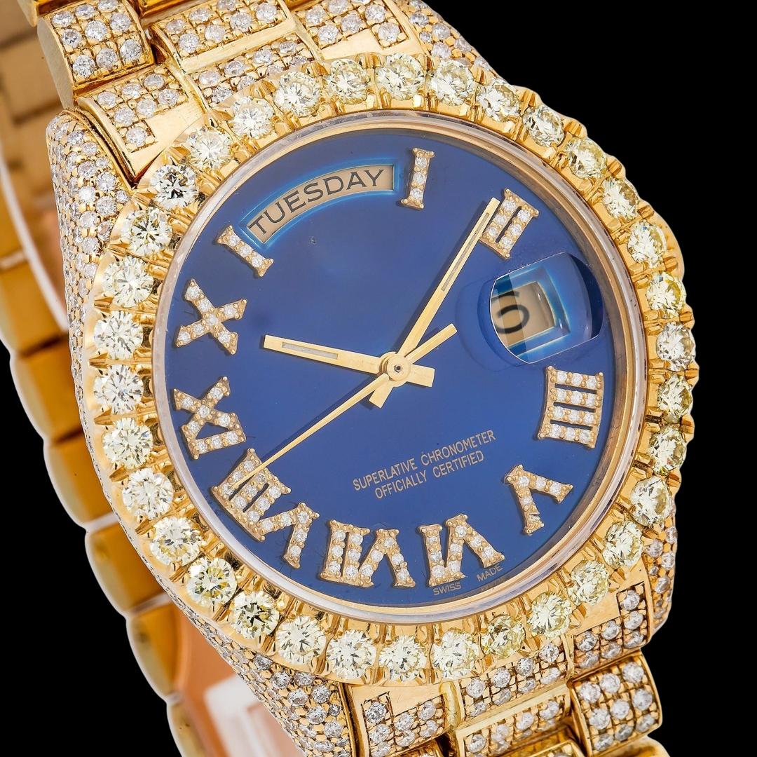 Rolex Day-Date Diamond Roman Blue Dial Full Iced Out President Bracelet Yellow Gold Moissanite Watch Close Up Dial View