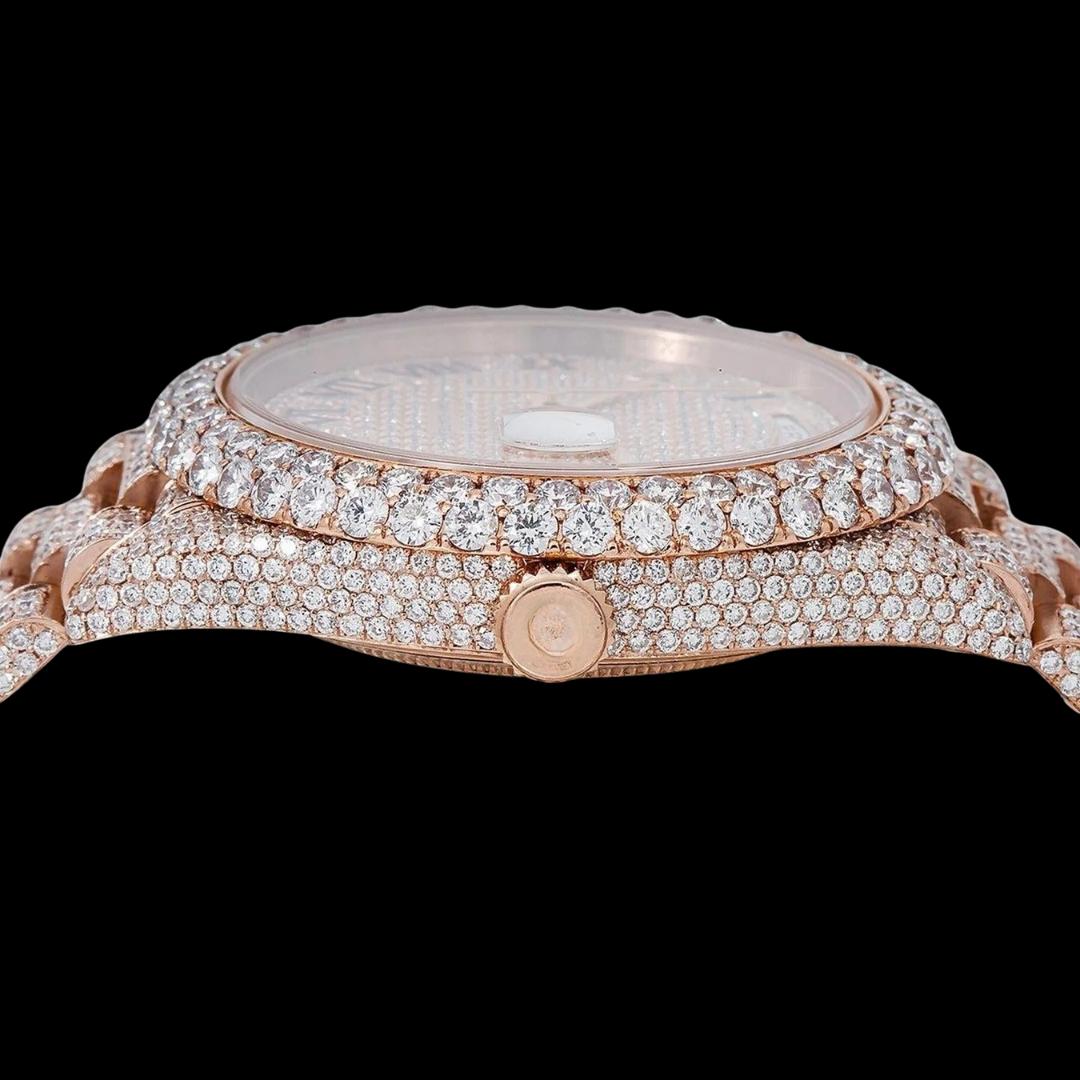 Rolex Day-Date Rose Gold Diamond Paved Dial Black Roman Numerals Fully Iced Out President Bracelet Moissanite Watch Crown View