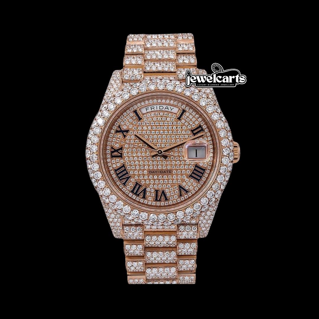 Rolex Day-Date Rose Gold Diamond Paved Dial Black Roman Numerals Fully Iced Out President Bracelet Moissanite Watch Front View