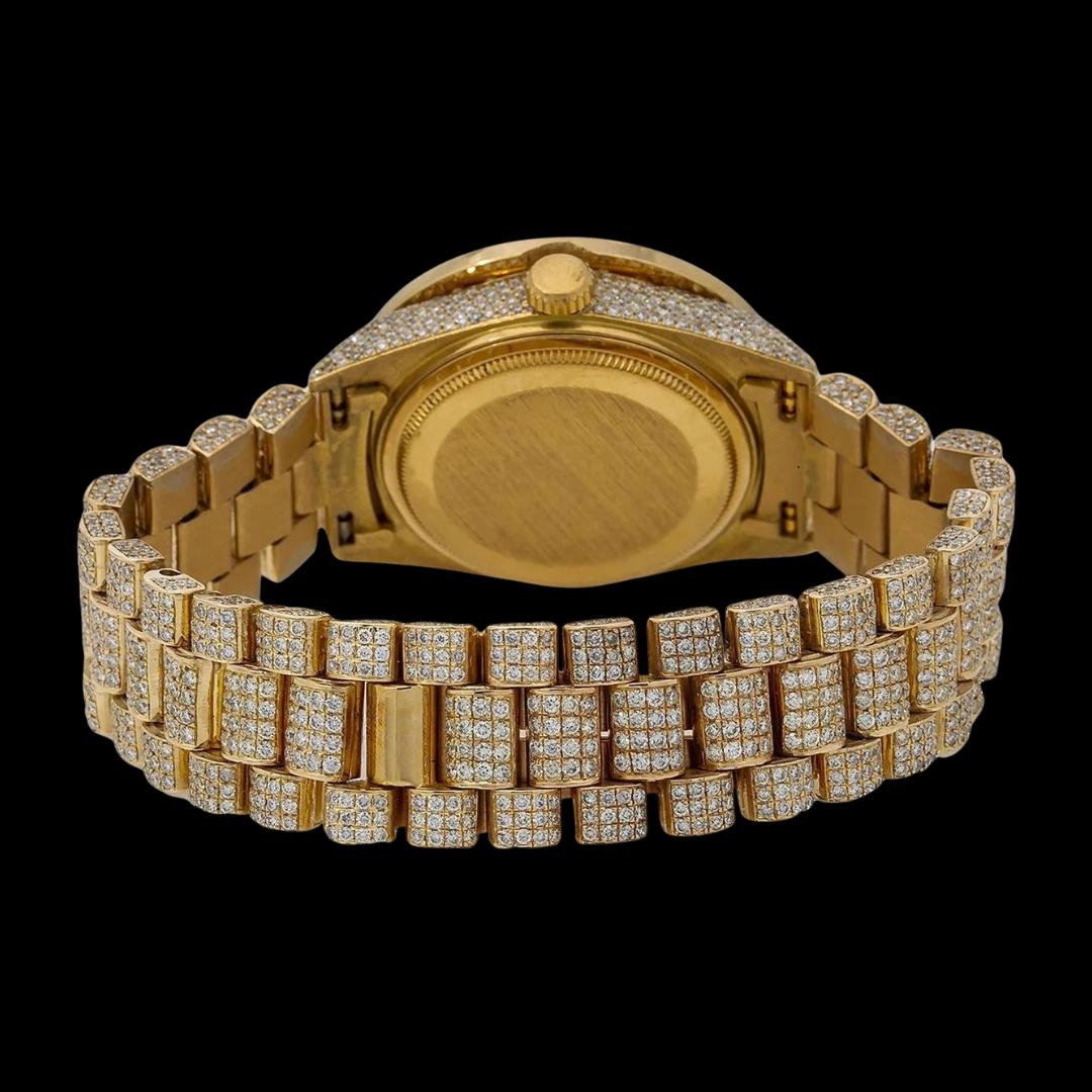 Rolex Day-Date Ruby Red Dial Diamond Roman Numerals Fully Iced Out Yellow Gold President Bracelet Watch Caseback View