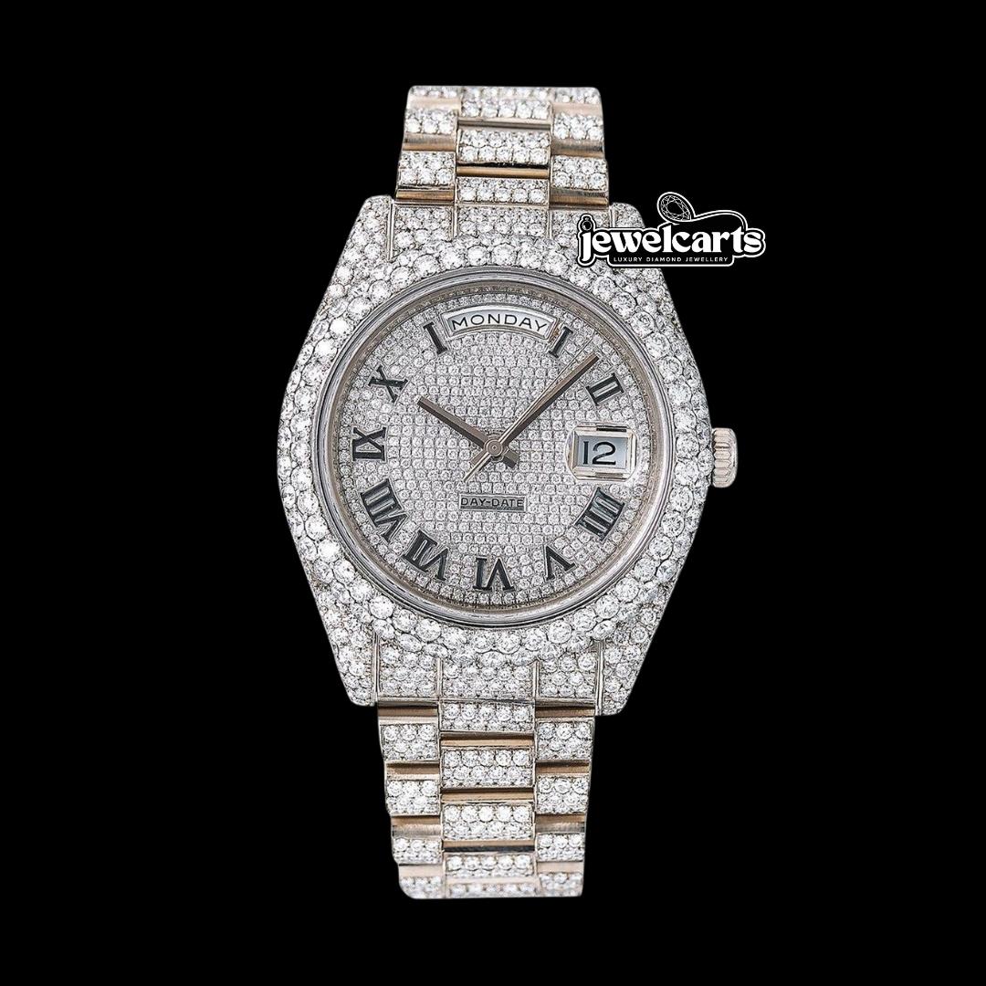 Rolex Day-Date White Diamond Dial Black Roman Numerals Fully Iced Out President Bracelet Moissanite Watch Front View