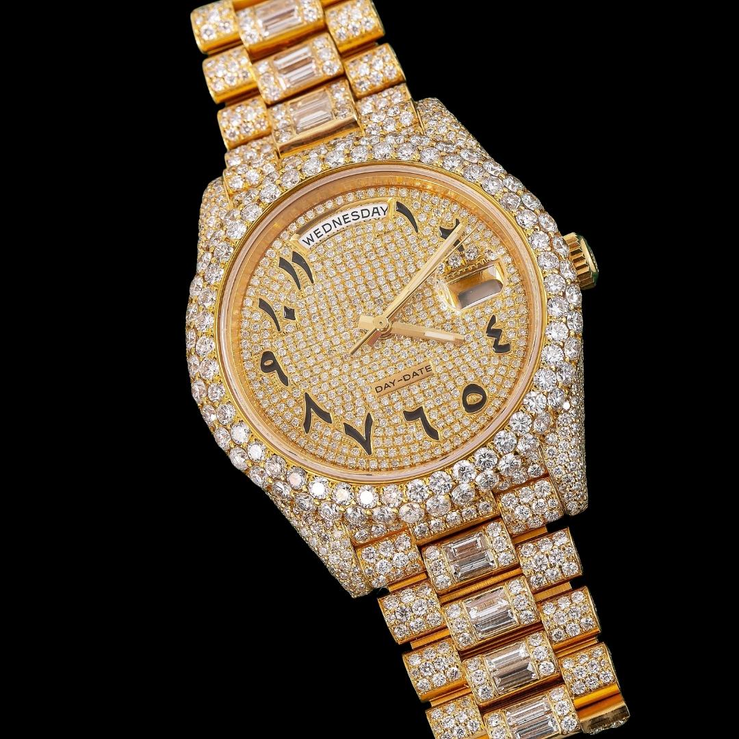 Rolex Day-Date Yellow Gold Diamond Paved Arabic Dial Baguette President Bracelet Iced Out Moissanite Watch Close Up Front View