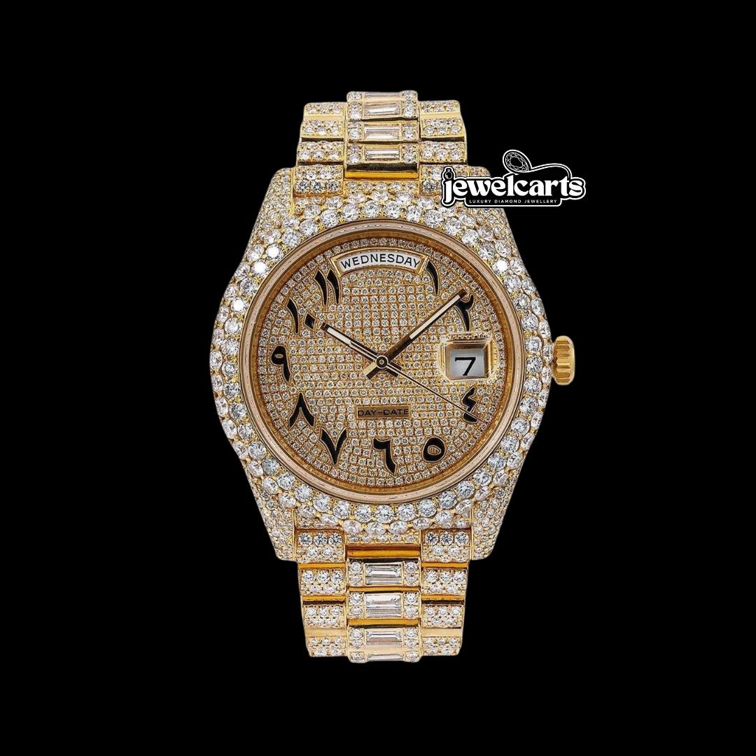 Rolex Day-Date Yellow Gold Diamond Paved Arabic Dial Baguette President Bracelet Iced Out Moissanite Watch Front View