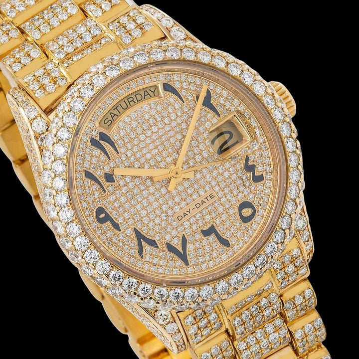 Rolex Day Date Black Arabic Numerals Yellow Gold Diamond Dial Fully Iced Out Moissanite Watch Close Up Dial View