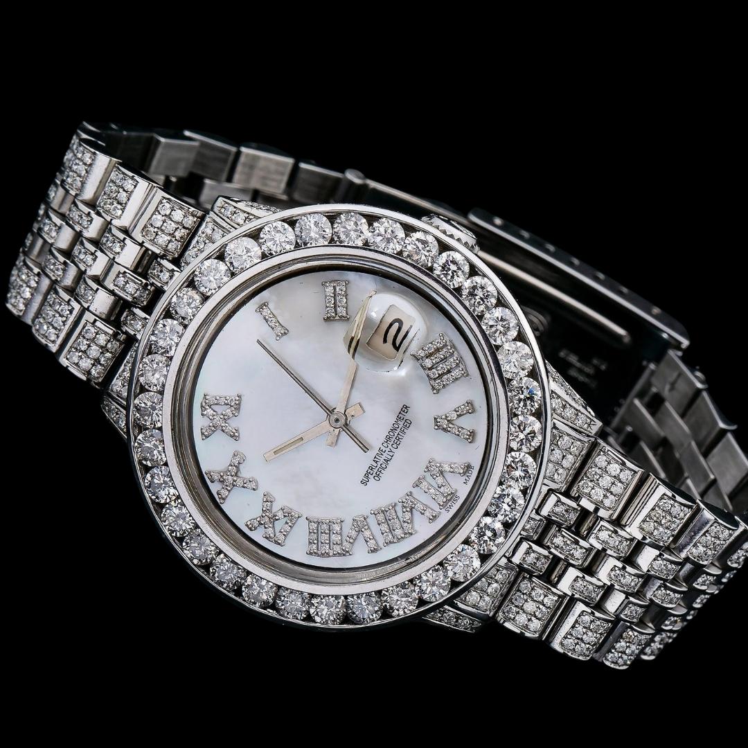 Rolex Diamond Bezel White Pearl Dial Diamond Roman Numerals Iced Out Jubilee Bracelet Moissanite Watch Close Up Front View