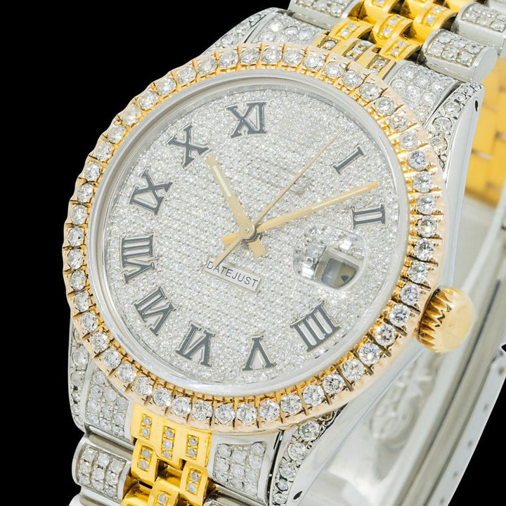 Rolex Diamond Dial Black Roman Numerals Two Tone Yellow Gold Jubilee Bracelet Iced Out Moissanite Watch Close Up Dial View