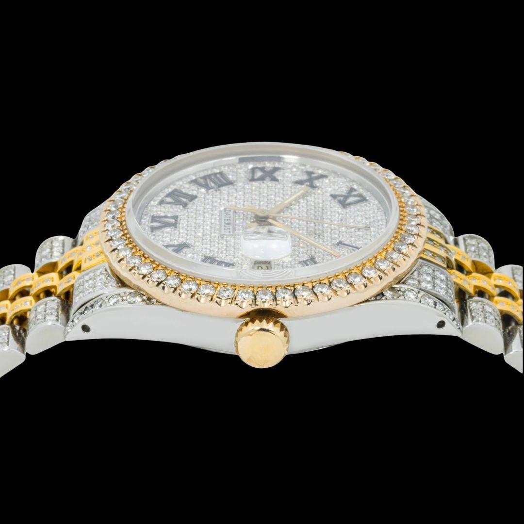 Rolex Diamond Dial Black Roman Numerals Two Tone Yellow Gold Jubilee Bracelet Iced Out Moissanite Watch Crown View