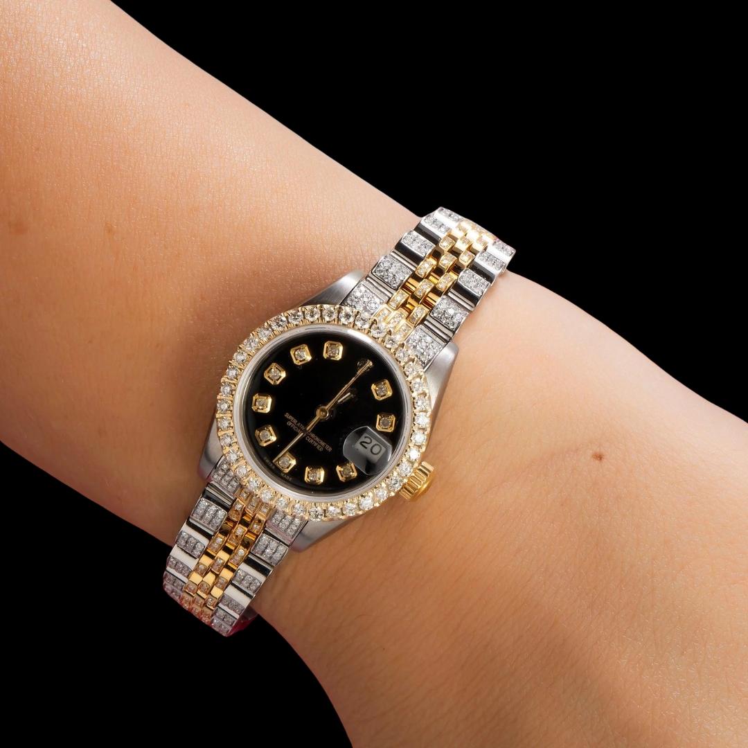 Rolex Diamond Markers Black Dial Two Tone Yellow Jubilee Bracelet Iced Out Moissanite Watch On Wrist View
