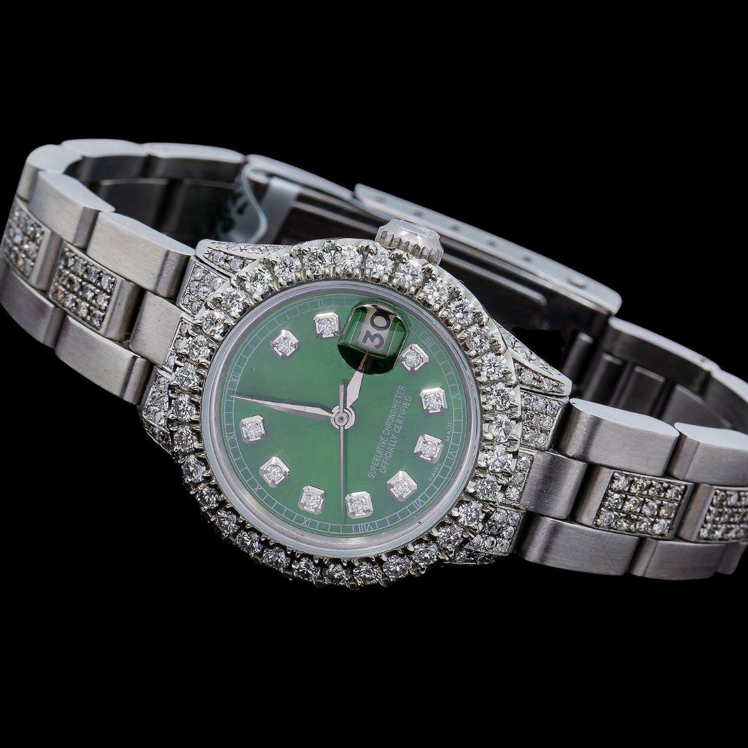 Rolex Diamond Markers Green Dial Diamond Bezel Semi Iced Oyster Bracelet Moissanite Watch Close Up Front View