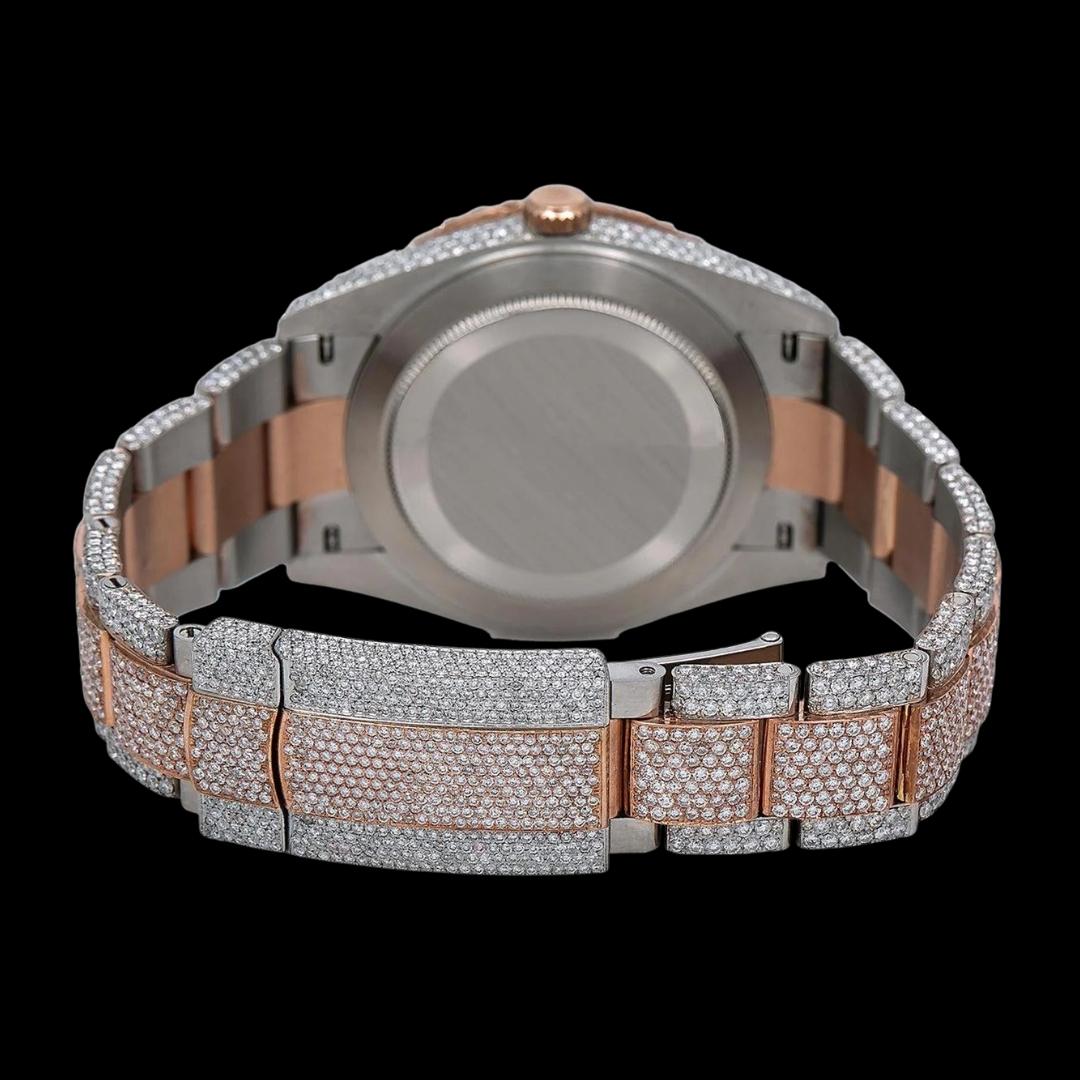 Rolex Diamond Paved Dial Black Arabic Numerals Two Tone Rose Gold Oyster Bracelet Iced Out Moissanite Watch Caseback View