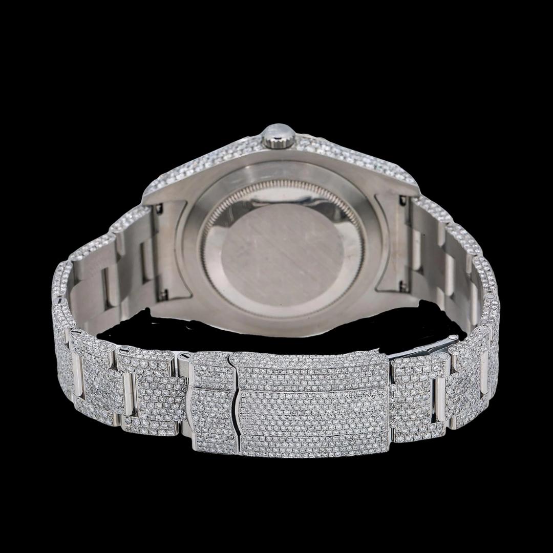 Rolex Diamond Paved Dial Black Roman Numerals Fully Iced Out Oyster Bracelet Moissanite Watch Caseback View