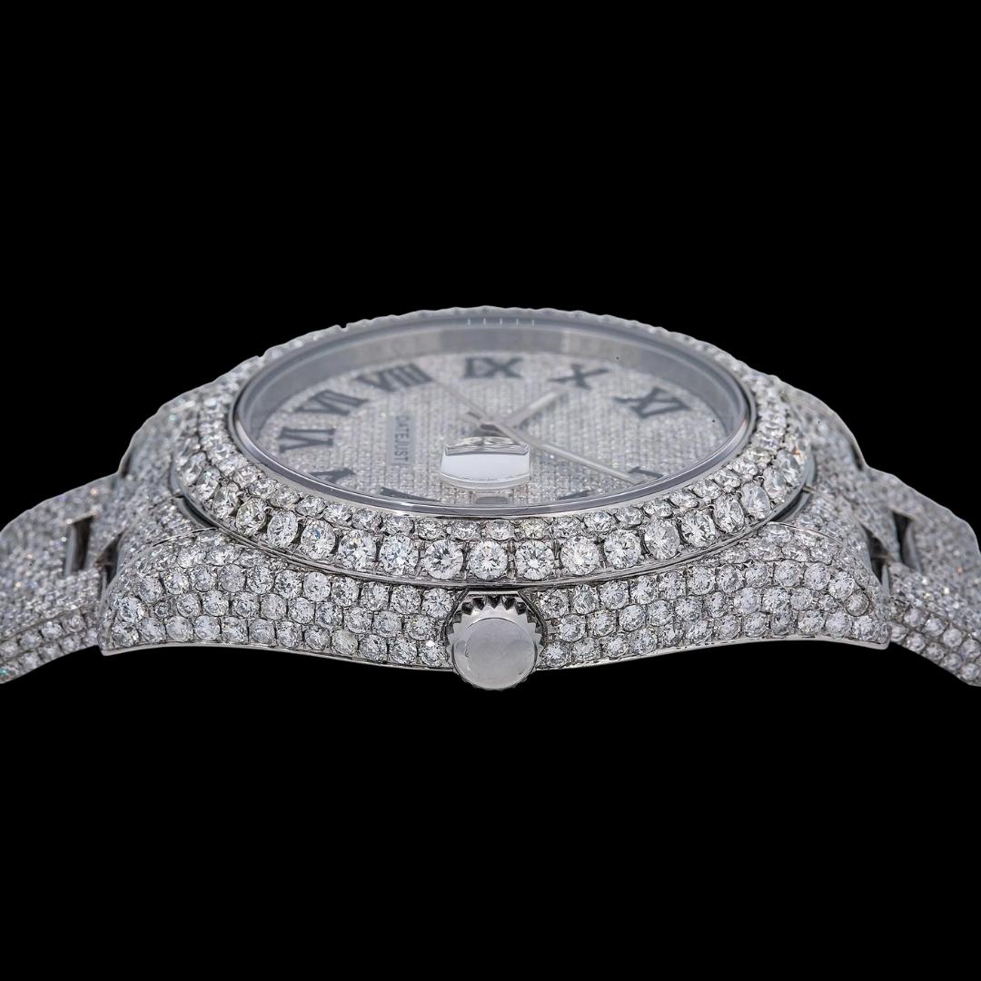 Rolex Diamond Paved Dial Black Roman Numerals Fully Iced Out Oyster Bracelet Moissanite Watch Crown View