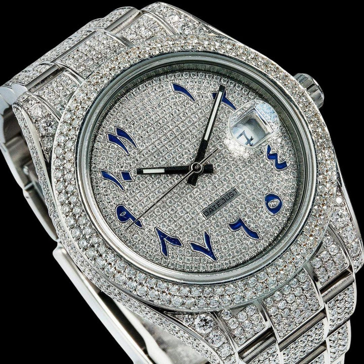 Rolex Diamond Paved Dial Blue Arabic Numerals Fully Iced Out Oyster Bracelet Moissanite Watch Close Up Dial View