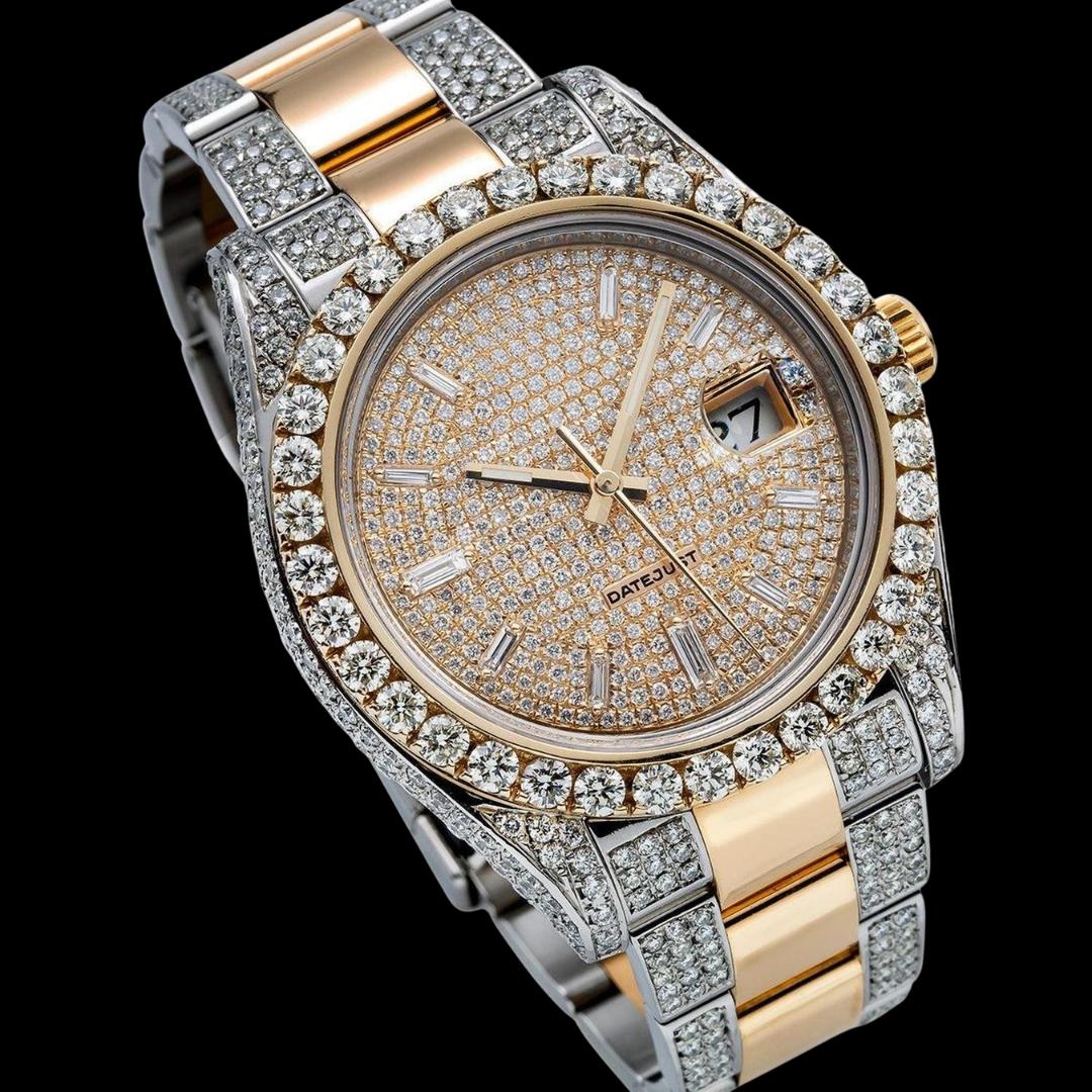 Rolex Diamond Paved Dial Diamond Stick Markers Two Tone Oyster Bracelet Iced Out Moissanite Watch Close Up Dial View
