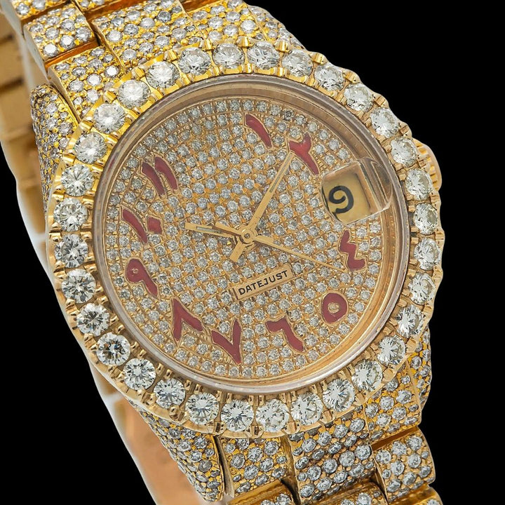 Rolex Diamond Paved Dial Red Arabic Numerals Iced Out President Bracelet Yellow Gold Moissanite Watch Close Up Dial View
