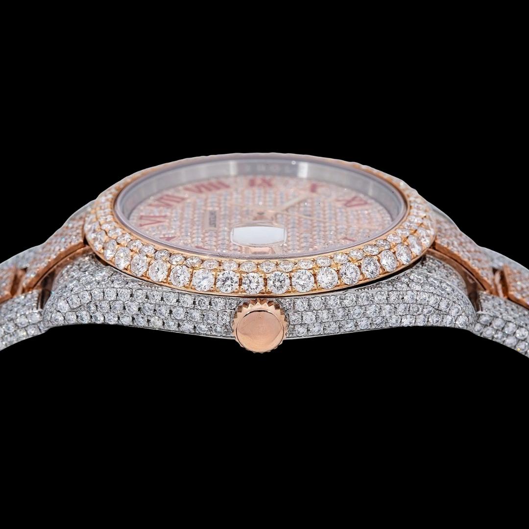Rolex Diamond Paved Dial Red Roman Numerals Two Tone Rose Gold Fully Iced Out Oyster Bracelet Moissanite Watch Crown View
