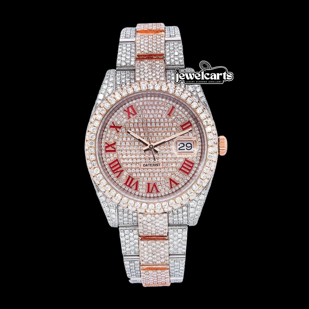 Rolex Diamond Paved Dial Red Roman Numerals Two Tone Rose Gold Fully Iced Out Oyster Bracelet Moissanite Watch Front View