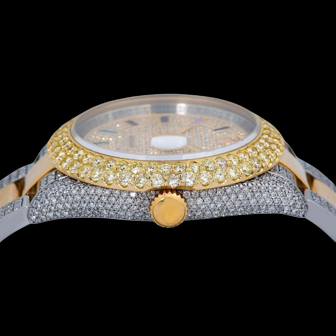 Rolex Diamond Paved Rainbow Stick Markers Dial Two Tone Yellow Gold Semi Iced Oyster Bracelet Watch Crown View
