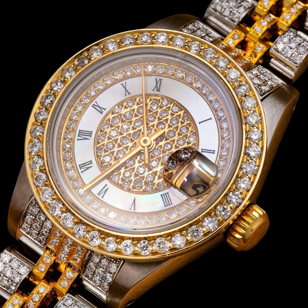 Rolex Diamond Paved Roman Dial Two Tone Jubilee Bracelet Yellow Gold Iced Out Moissanite Watch Close Up Front View