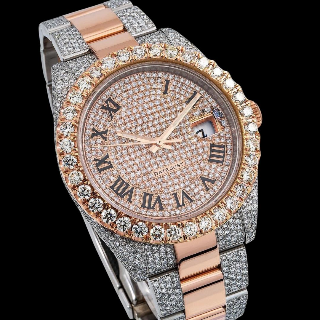 Rolex Diamond Paved Roman Dial Two Tone Rose Gold Iced Out Oyster Bracelet Iced Out Moissanite Watch Close Up Dial View