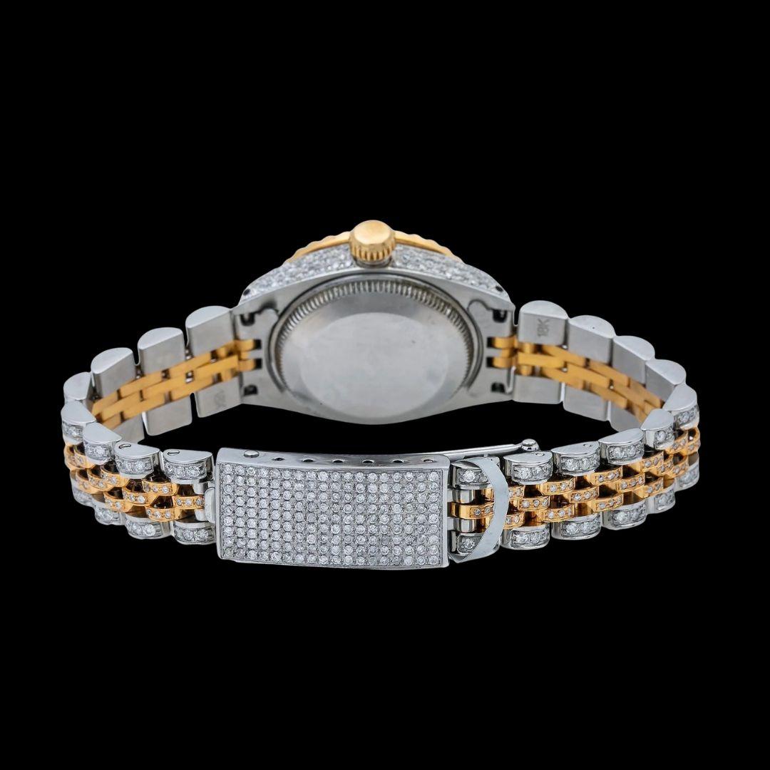 Rolex Mother of Pearl White Dial Diamond Markers Two Tone Yellow Gold Jubilee Strap Moissanite Watch Caseback View