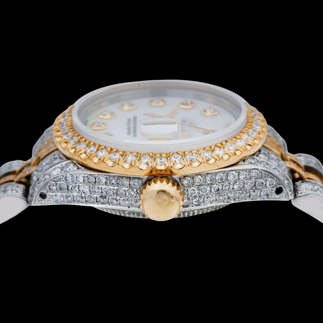 Rolex Mother of Pearl White Dial Diamond Markers Two Tone Yellow Gold Jubilee Strap Moissanite Watch Crown View