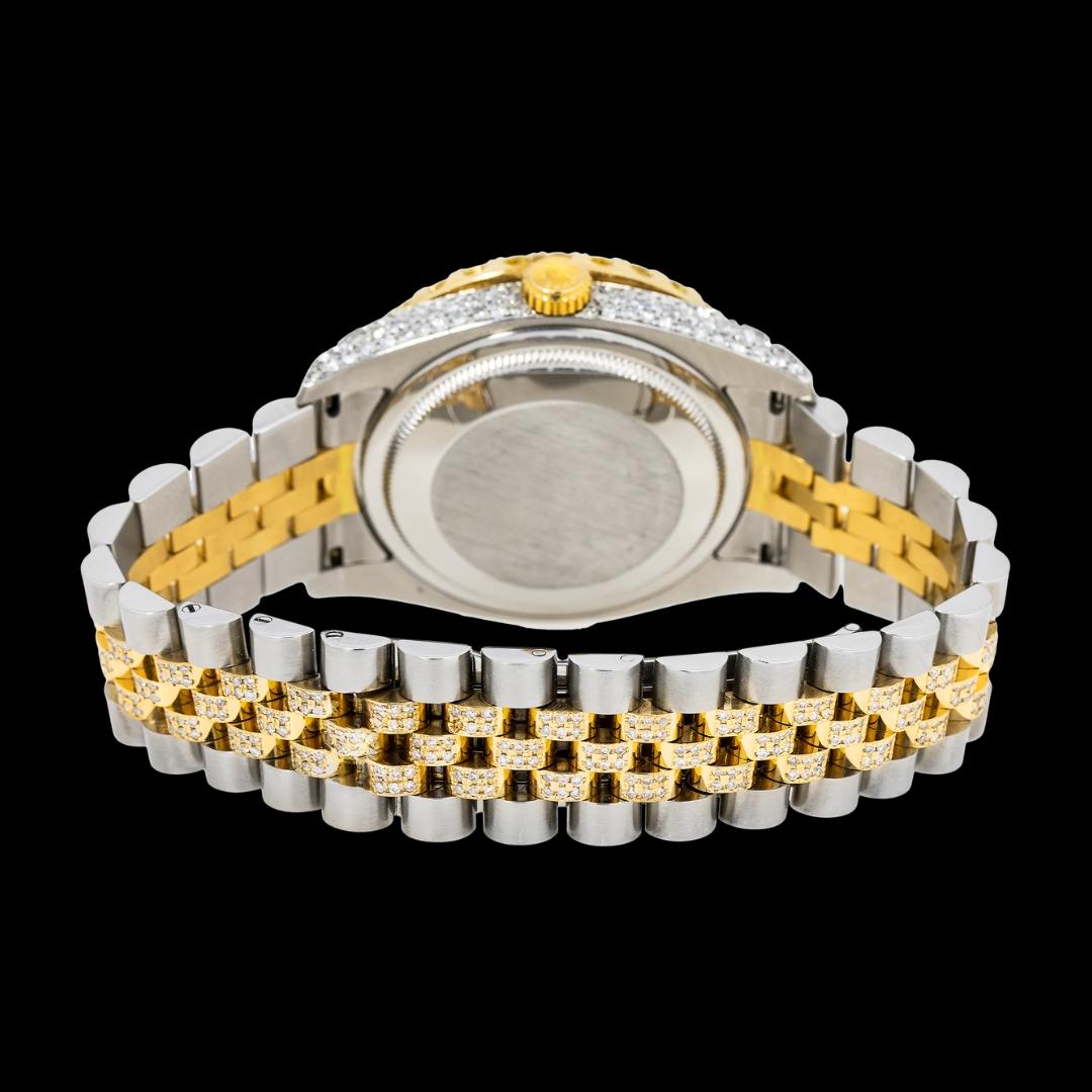 Rolex Pink Floral Diamond Dial Two Tone Yellow Gold Semi Iced Out Jubilee Bracelet Moissanite Watch Caseback View