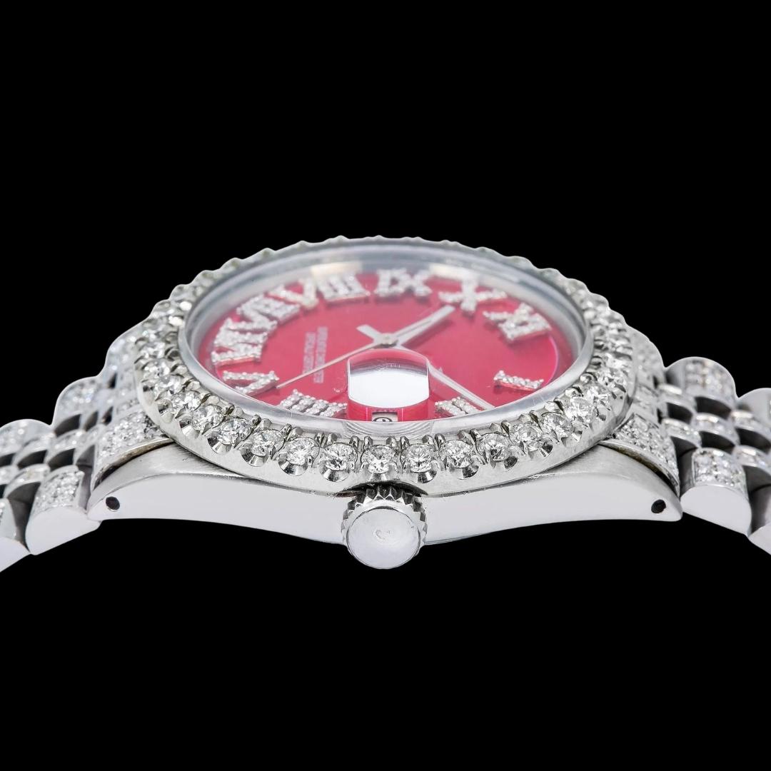 Rolex Red Dial Diamond Roman Numerals Full Iced Out Jubilee Bracelet Moissanite Watch Crown View