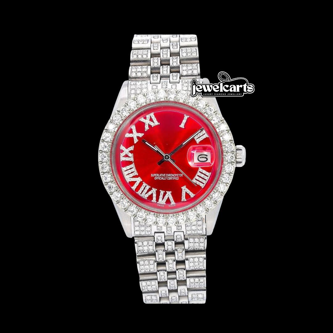 Rolex Red Dial Diamond Roman Numerals Full Iced Out Jubilee Bracelet Moissanite Watch Front View