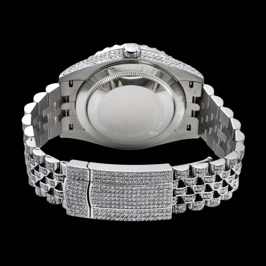 Rolex Red Dial Diamond Roman Numerals Fully Iced Out Jubilee Bracelet Moissanite Watch Caseback View