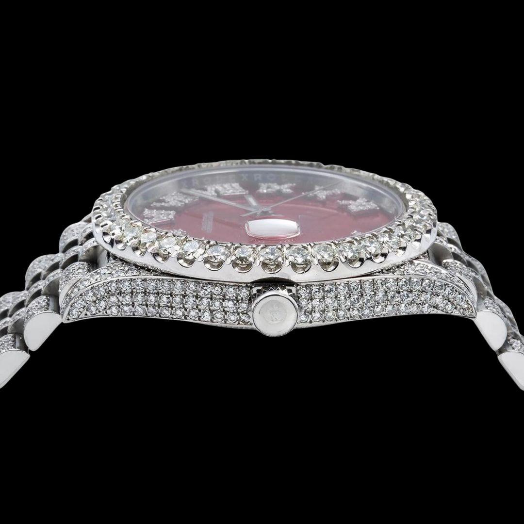 Rolex Red Dial Diamond Roman Numerals Fully Iced Out Jubilee Bracelet Moissanite Watch Crown View